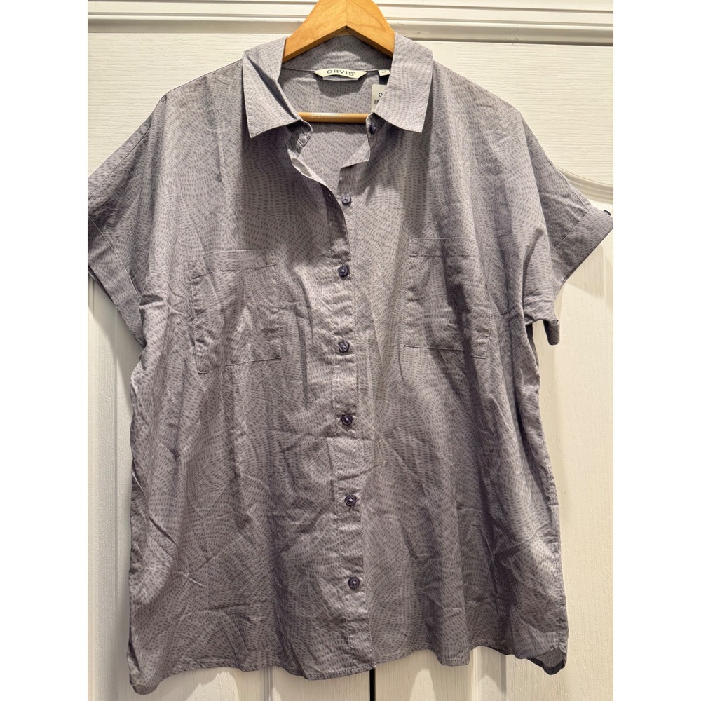 Orvis Womens Easy Printed Camp SS Shirt Grey Purple Fisherman XL 2ZTR 6854 NWT